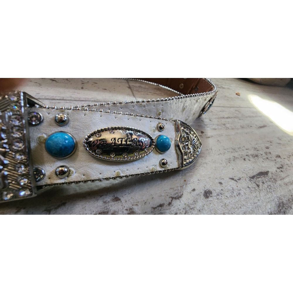 Atlas Womans Rhinestone White Belt Western Cowboy Leather‎ Sz 36 Studded NWT - Picture 3 of 9